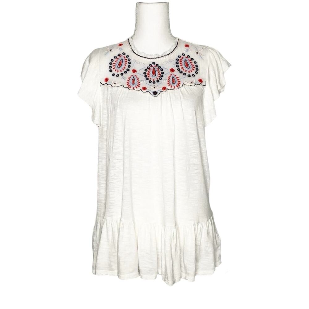 Lucky Brand Cream Blouse Top Mesh Embroidery Flutter Sleeve Ruffle Hem Medium